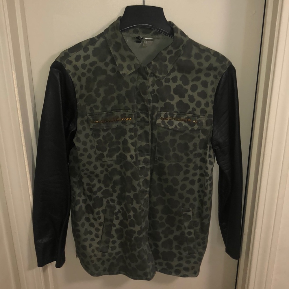 Cheetah army fatigue jacket w/ faux leather sleeve